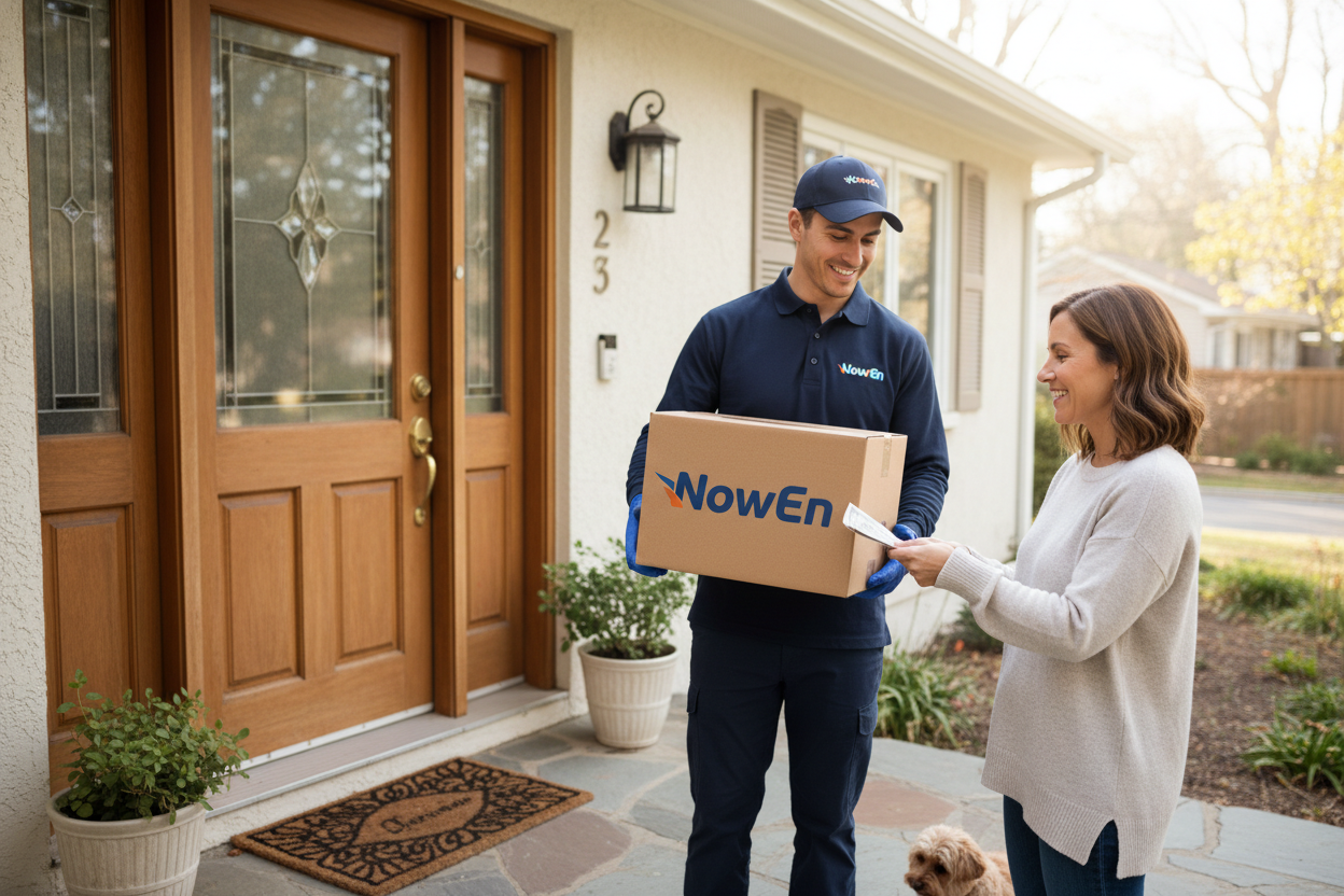 Una persona recibiendo un paquete de NowEn y pagando en efectivo en la puerta de su casa
